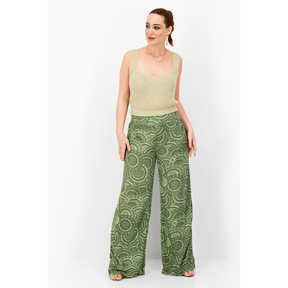 Three Dots Olive Green Mandala Wide Leg Palazzo Pants High Waist Boho Festival